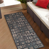 8' Color Block Beige And Teal Checkered Stain Resistant Runner Rug