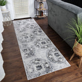 8' Silver And Gray Geometric Medallion Stain Resistant Runner Rug