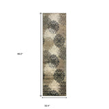 8' Tan Gray And Black Floral Medallion Stain Resistant Runner Rug