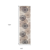 8' Oatmeal And Gray Medallion Power Loom Stain Resistant Runner Rug