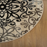 5' Round Tan Gray And Black Round Floral Medallion Stain Resistant Area Rug