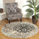 5' Round Tan Gray And Black Round Floral Medallion Stain Resistant Area Rug