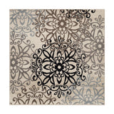 5' Square Tan Gray And Black Square Floral Medallion Stain Resistant Area Rug