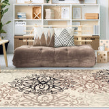 5' Square Tan Gray And Black Square Floral Medallion Stain Resistant Area Rug