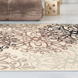 8' X 10' Tan Gray And Black Floral Medallion Stain Resistant Area Rug