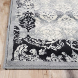 8' Black And Gray Damask Power Loom Distressed Stain Resistant Runner Rug