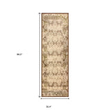 8' Beige Damask Power Loom Distressed Stain Resistant Runner Rug