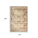 2' X 3' Beige Damask Power Loom Distressed Stain Resistant Area Rug