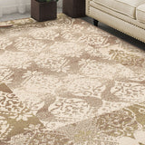 4' X 6' Beige Damask Power Loom Distressed Stain Resistant Area Rug