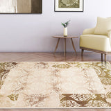 5' X 8' Beige Damask Power Loom Distressed Stain Resistant Area Rug