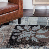 5' Square Beige And Gray Square Floral Power Loom Distressed Stain Resistant Area Rug