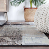 5' Square Beige And Gray Square Floral Power Loom Distressed Stain Resistant Area Rug