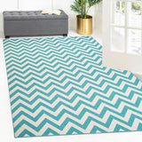 8' Runner Blue-Green/Cream Chevron Stain Resistant Indoor Outdoor Runner Rug