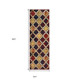 8' Multi-Colored Quatrefoil Power Loom Distressed Stain Resistant Runner Rug