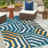 5' X 8' Navy Blue- Cream Geometric Stain Resistant Indoor Outdoor Area Rug