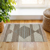 2' X 3' Grey Geometric Flatweave Handmade Stain Resistant Area Rug With Fringe