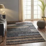 8' X 10' Navy Blue Striped Hand Woven Stain Resistant Area Rug