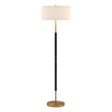 61" Black and Brass Two Light Floor Lamp With White Drum Shade