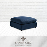 36" Navy Blue Linen And Black Ottoman