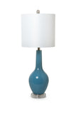 Set Of Two 34" Light Blue And Silver Glass Table Lamps With White Drum Shade