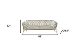 88" Beige Tufted Velvet and Gold Chesterfield Sofa