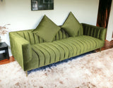 90" Moss Green Velvet And Gold Sofa With Two Toss Pillows