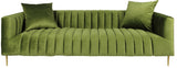 90" Moss Green Velvet And Gold Sofa With Two Toss Pillows