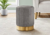 14" Gray Velvet And Gold Round Ottoman