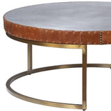 36" Brown And Silver Leather And Metal Round Coffee Table