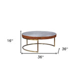 36" Brown And Silver Leather And Metal Round Coffee Table