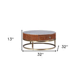 32" Cocoa And Silver Aluminum Round Coffee Table With Drawer