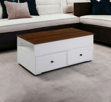46" White And Walnut Lift Top Coffee Table With Two Drawers And Shelf