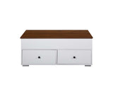 46" White And Walnut Lift Top Coffee Table With Two Drawers And Shelf