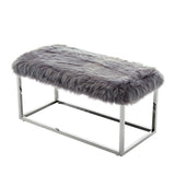 40" Gray And Silver Upholstered Faux Fur Bench