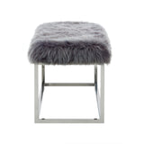 40" Gray And Silver Upholstered Faux Fur Bench