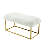40" White And Gold Upholstered Faux Fur Bench