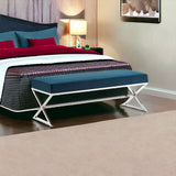 48" Navy Blue And Silver Upholstered Velvet Bench