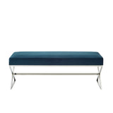 48" Navy Blue And Silver Upholstered Velvet Bench