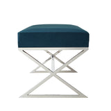 48" Navy Blue And Silver Upholstered Velvet Bench