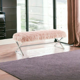48" Rose And Silver Upholstered Faux Fur Bench