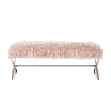 48" Rose And Silver Upholstered Faux Fur Bench