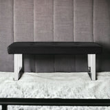 48" Black and Silver Upholstered Faux Leather Bench