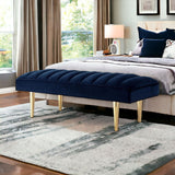 53" Navy Blue And Gold Upholstered Velvet Bench