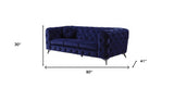 90" Blue And Silver Velvet Sofa