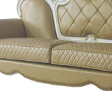 93" Butterscotch Faux Leather And Pearl Sofa With Five Toss Pillows