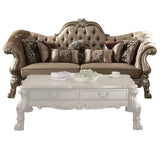 96" Bone Polyurethane, Velvet And Gold Sofa With Seven Toss Pillows