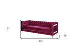 89" Burgundy And Clear Velvet Sofa And Toss Pillows