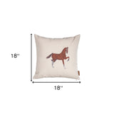 18" X 18" Beige Horse Animal Print Zippered Handmade Polyester Throw Pillow With Embroidery