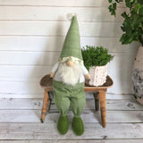 30" Green and White Fabric Sitting Gnome