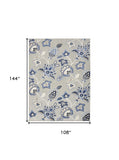 9' X 12' Blue And Grey Floral Stain Resistant Non Skid Area Rug